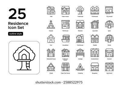 Different Home Styles. Apartments, Villas, Bungalows, and Residential Properties. Vector Illustration. Outline icon set