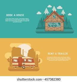 Different homes set. Mountain lodge at wilderness and Rv camper at wild desert. Traditional alpine chalet and camping trailer banners for website and internet. Caravan and house for booking and rent.