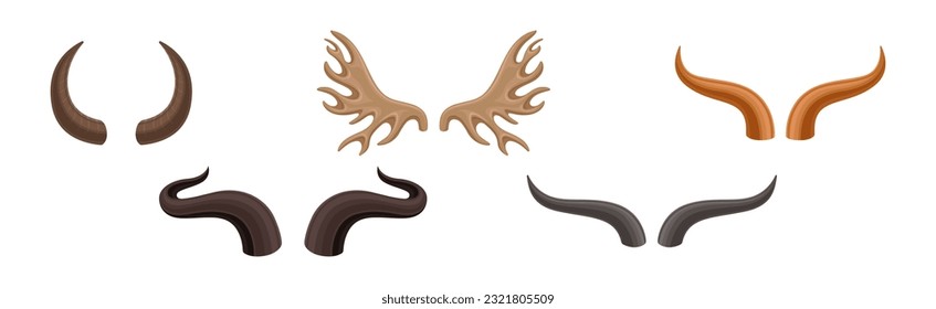 Different Horns as Pointed, Bony Animal Head Part Vector Set