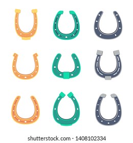 Different horseshoe vector icons in cartoon style. Lucky horseshoes set.