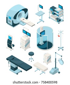 Different Hospital Equipment. Medical Tables And Other Devices. Equipment For Hospital, Medicine Technology, Healthcare And Monitoring, Vector Illustration