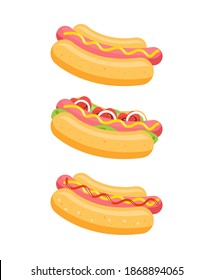 Different hotdogs set, vector illustration. Hot dog with mustard, ketchup, tomato, leek and salad leaves. Flat cartoon style isolated vector illustration