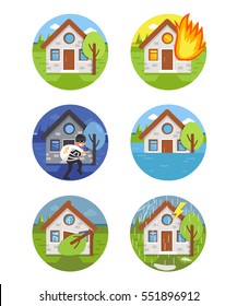 Different house accident scenes. Insurance infographic elements and icons. Flat style vector illustration.