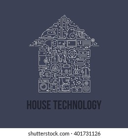 Different house appliances arranged in a shape of a house. House technology. Vector line style illustration.