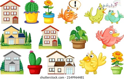 Different house designs and cute birds illustration