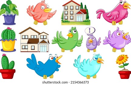 Unterschiedliche Hausdesigns und süße Vogelgrafik