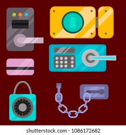 Different house door lock icons set vector safety password privacy element with key and padlock, protection security keyhole vector illustration.