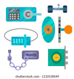 Different house door lock icons set vector safety password privacy element with key and padlock, protection security keyhole vector illustration.