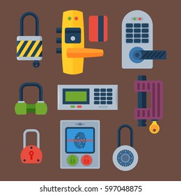 Different house door lock icons set vector safety password privacy element with key and padlock, protection security keyhole vector illustration.