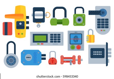Different house door lock icons set vector safety password privacy element with key and padlock, protection security keyhole vector illustration.