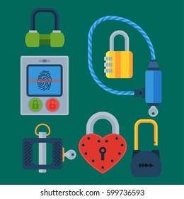 Different house door lock icons set vector safety password privacy element with key and padlock, protection security keyhole vector illustration.