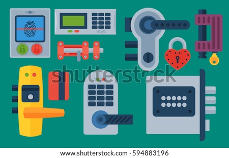 Different house door lock icons set vector safety password privacy element with key and padlock, protection security keyhole vector illustration.