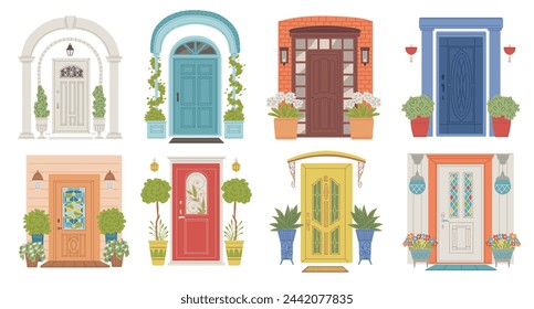 Different house doorways decorated with flowers and lanterns, flat vector illustrations collection isolated on white background. Building facade elements with doors.