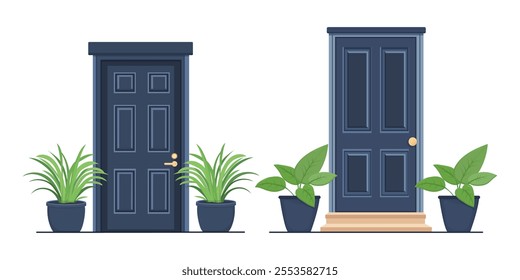 Different house entrance, porche and closed door. Entrie to apartment with potted plant.