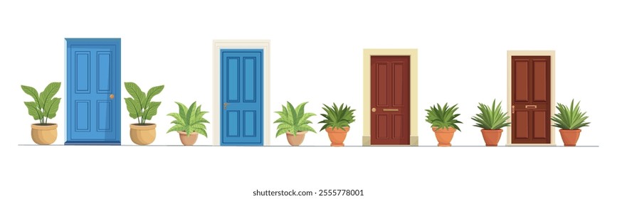 Different house entrance, porche and closed door. Entrie to apartment with potted plant.