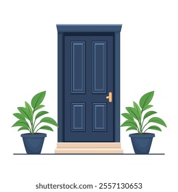 Different house entrance, porche and closed door. Entrie to apartment with potted plant.