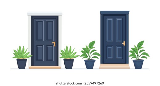 Different house entrance, porche and closed door. Entrie to apartment with potted plant.