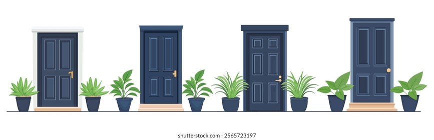 Different house entrance, porche and closed door. Entrie to apartment with potted plant.