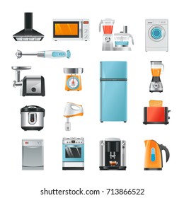 Different household in cartoon style. Electrical equipment for kitchen refrigerator and microwave, electronic mixer and blender, vector illustration