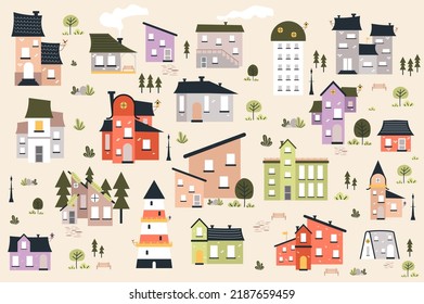 Different houses cute set in flat cartoon design. Bundle of apartment buildings, office towers, private homes of different structures and colors for cityscape. Vector illustration isolated elements