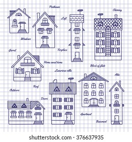Different houses drawn pen in a notebook.