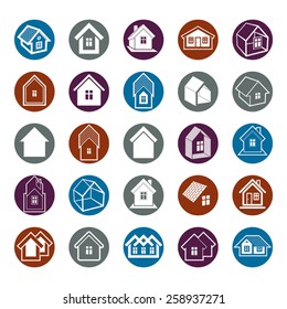 Different houses icons, set of mansion conceptual symbols, abstract property images. Real estate