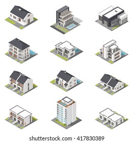 Different houses isometric icon set vector graphic illustration