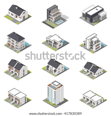 Different houses isometric icon set vector graphic illustration