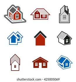 Different houses vector icons for use in graphic design, set of mansion conceptual symbols, abstract property images. Real estate business abstract emblems collection.