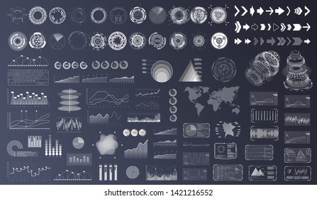 Different HUD, UI, UX, elements. Futuristic user interface set. Hi-tech GUI interface for app (Circles, pointers, frames, bar download, data and charts , infographics) HUD elements set. Vector