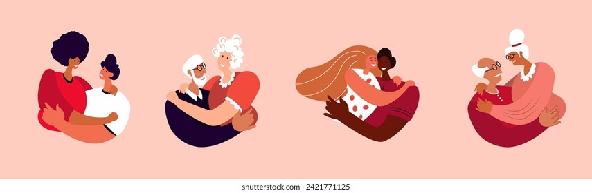 Different hugging Couples.Young,African, Elderly Retired Couples Celebrate Holiday.Men Hugging Women,Girlfriends,Boyfriends for St Valentine's Day.Loving Romantic People Love Story.Vector Illustration