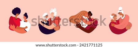 Different hugging Couples.Young,African, Elderly Retired Couples Celebrate Holiday.Men Hugging Women,Girlfriends,Boyfriends for St Valentine's Day.Loving Romantic People Love Story.Vector Illustration