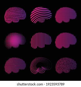 Different human brain pink silhouettes isolated on black background