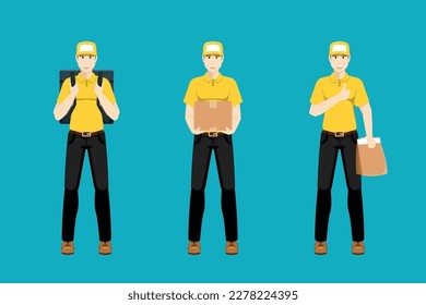 Different human courier standing on isolated background, Digital marketing illustration.