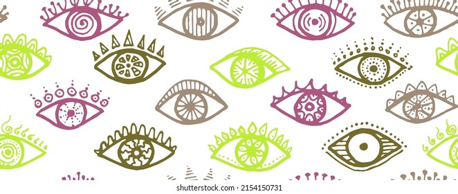 Different human eyes esoteric repeatable pattern. Pop art graphic style illustration. Makeup packaging vector design. Open eyes on white background hipster endless ornament.