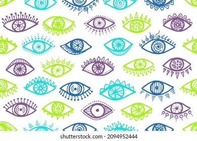 Different human eyes naive endless ornament. Pop art graphic style illustration. Makeup packaging vector design. Doodle eyes on white background simple seamless pattern.