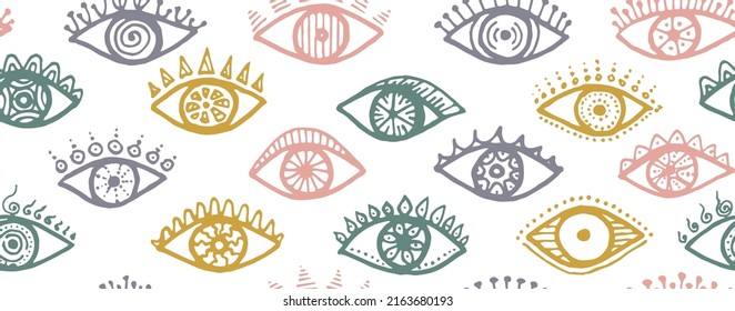 Distintos ojos humanos naive patrón interminable. Dibujar ilustración de estilo de dibujo. Diseño de impresión de envoltura de mascara. Doodle eyes sobre la caricatura de fondo blanco ornamento repetible.