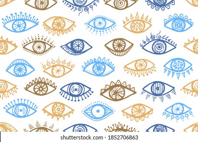 Different human eyes naive seamless pattern. Pop art graphic style illustration. Fashion packaging vector design. Doodle eyes on white background psychedelic endless ornament.