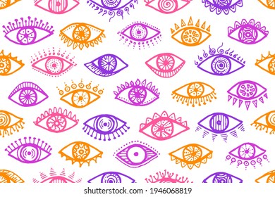 Different human eyes psychedelic endless pattern. Sketch drawing style illustration. Fashion packaging vector design. Open eyes on white background ethnic repeatable ornament.