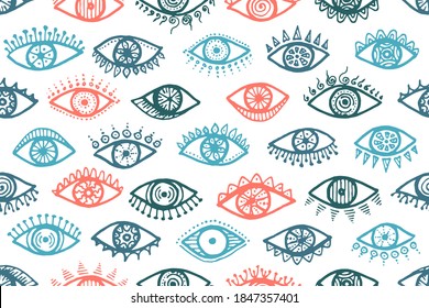 Different human eyes stylish repeatable pattern. Pop art graphic style illustration. Cosmetics packaging vector design. Isolated eyes on white background esoteric seamless ornament.