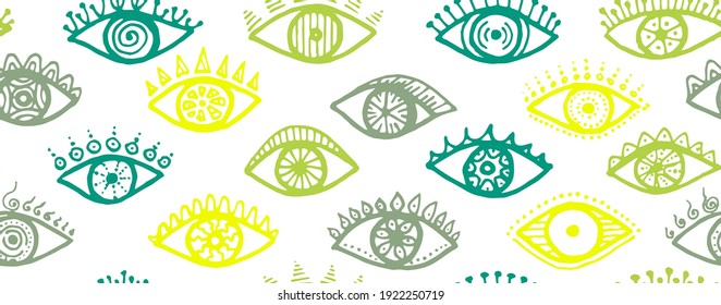 Distintos ojos humanos estilizados y sin costura. Dibujar ilustración de estilo de dibujo. Diseño de impresión de envoltura de cosméticos. Ojos aislados sobre fondo blanco ornamento psicodélico interminable.