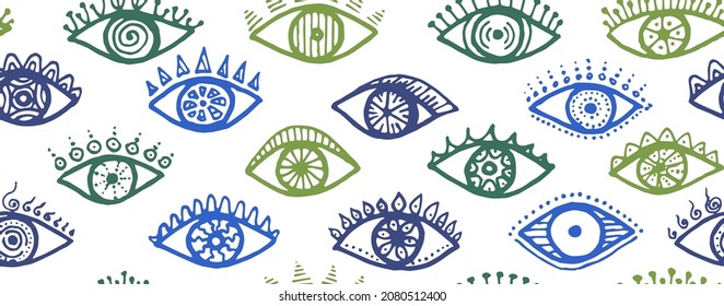 Different human eyes vintage repeatable pattern. Sketch drawing style illustration. Fashion packaging vector design. Doodle eyes on white background magic endless ornament.