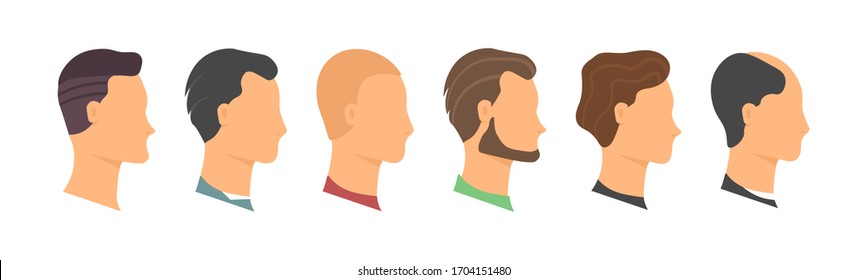 Different human face, male and female heads with various hairstyles. Male and female profiles in a flat style. Collection of color flat avatars people with different human heads. Vector illustration.