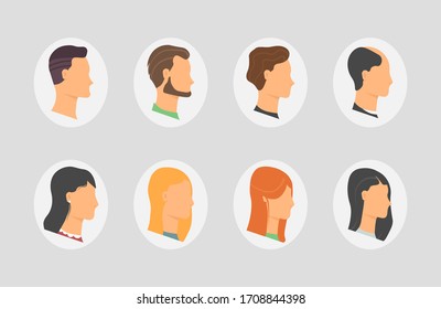 Different human face, male and female heads with various hairstyles. Collection of color flat avatars people with different human heads. Male and female profiles in a flat style. Vector illustration.