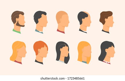 Different human face, male and female heads with various hairstyles. Male and female profiles in a flat style. Collection of color flat avatars people with different human heads. Vector illustration.