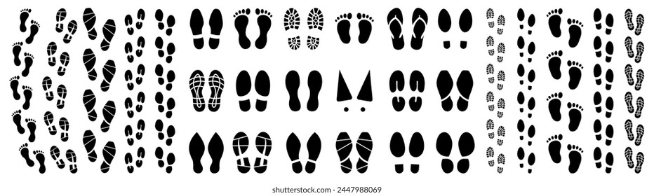 Different human footprints big icon set. Foot imprint, footsteps icon collection. Human footprints silhouette. Male and female tracks. Barefoot, sneaker and shoes footstep icons. Vector illustration