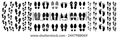 Different human footprints big icon set. Foot imprint, footsteps icon collection. Human footprints silhouette. Male and female tracks. Barefoot, sneaker and shoes footstep icons. Vector illustration