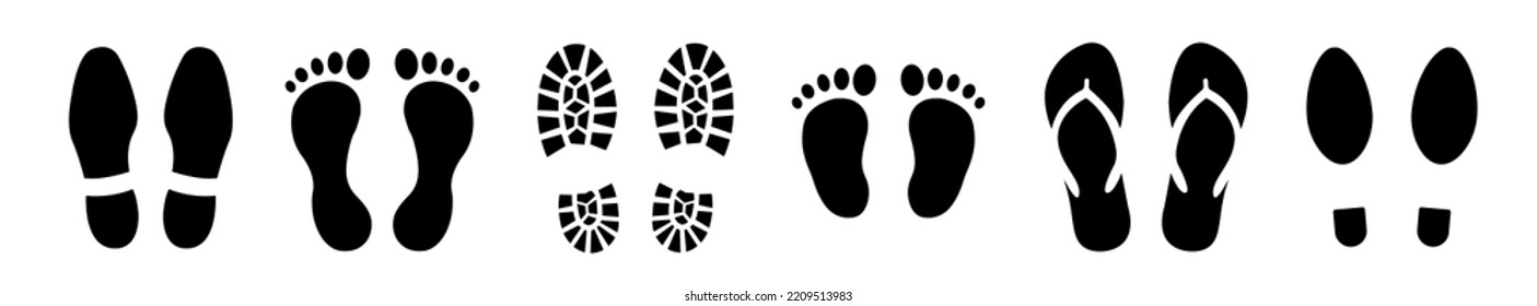 Different human footprints collection. Set human footprints . Baby footprint. Shoes for children and adults.Flat linear design. Black silhouettes isolated.Vector illustration