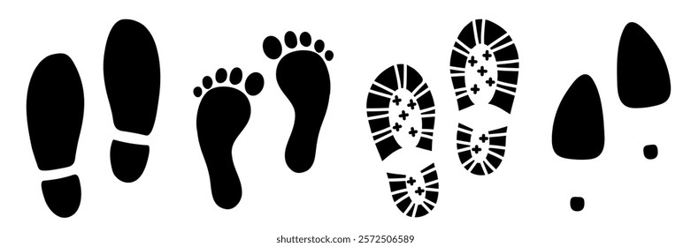 Different human footprints collection. Set human footprints. Shoes for woman and men. Flat linear design. Black silhouettes isolated. Vector illustration