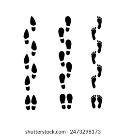 Different human footprints. Imprint soles shoe silhouette. adults steps Flat style collection. Human footprints icon set.